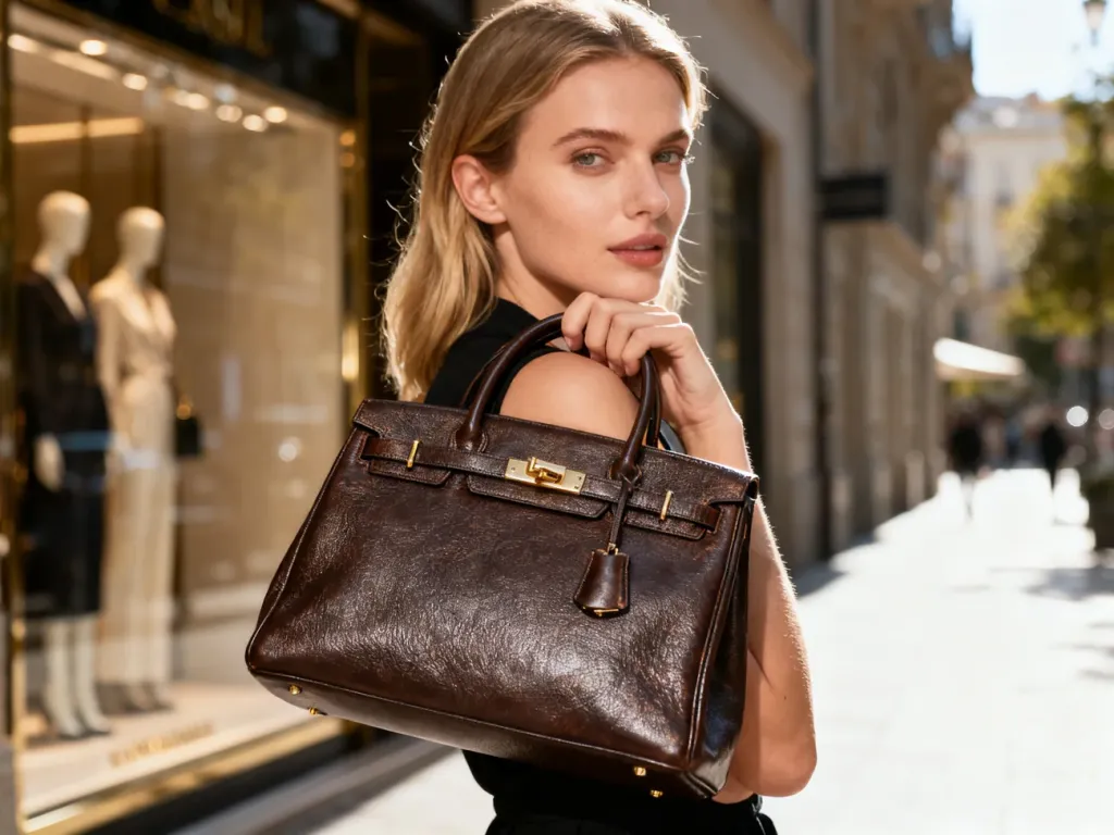Stylowa kobieta z elegancką skórzaną torebką na tle luksusowego butiku, prezentująca modny dodatek marki Nine West.