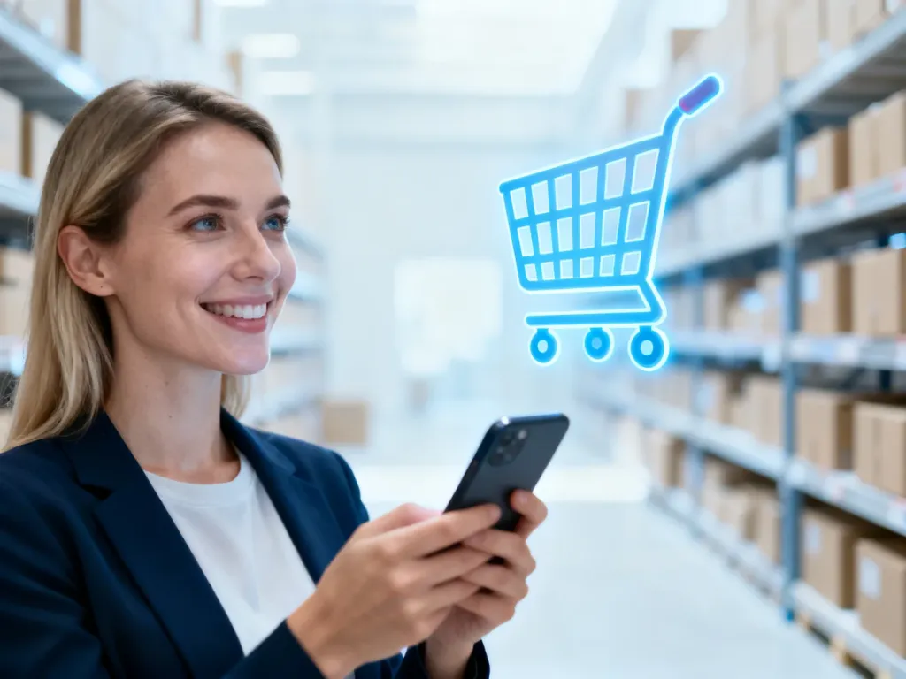 Uśmiechnięta kobieta robiąca zakupy przez smartfon z widoczną ikoną koszyka na tle nowoczesnego magazynu.