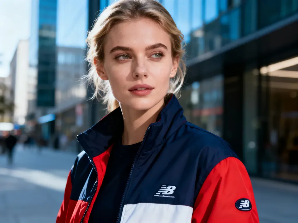 Kobieta w stylowej kurtce marki Superdry na tle nowoczesnej miejskiej architektury.