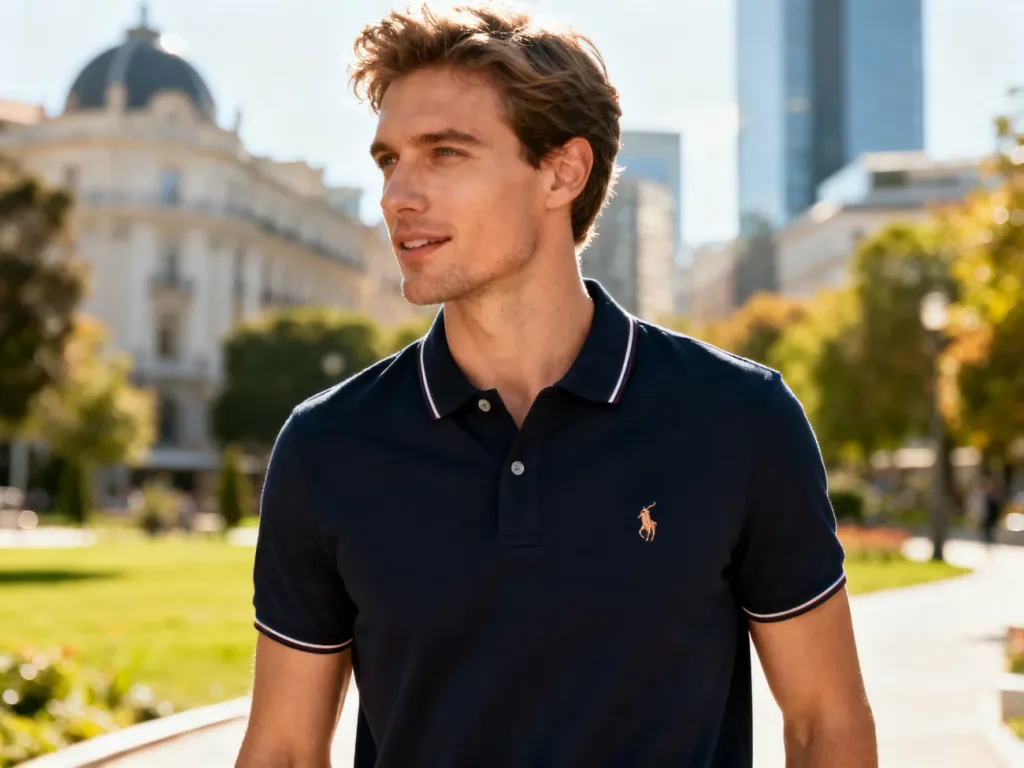 Mężczyzna w stylowej koszulce polo marki U.S. Polo Assn. na tle nowoczesnej miejskiej architektury.