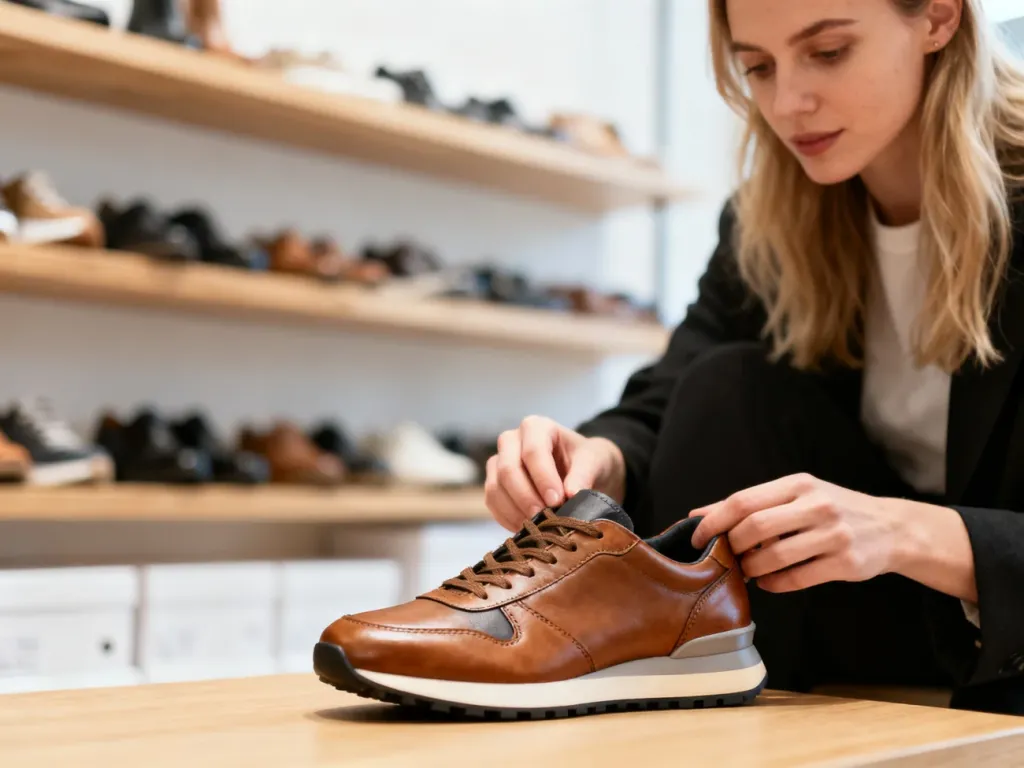 Kobieta przymierza skórzane sneakersy w minimalistycznym butiku, prezentując dopasowanie obuwia w sklepie.