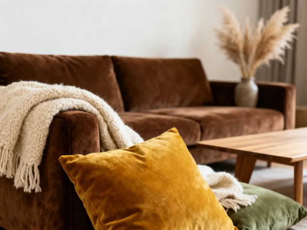 Przytulny salon z brązową kanapą, kremowym kocem i musztardową poduszką, prezentujący harmonijne połączenie kolorów.