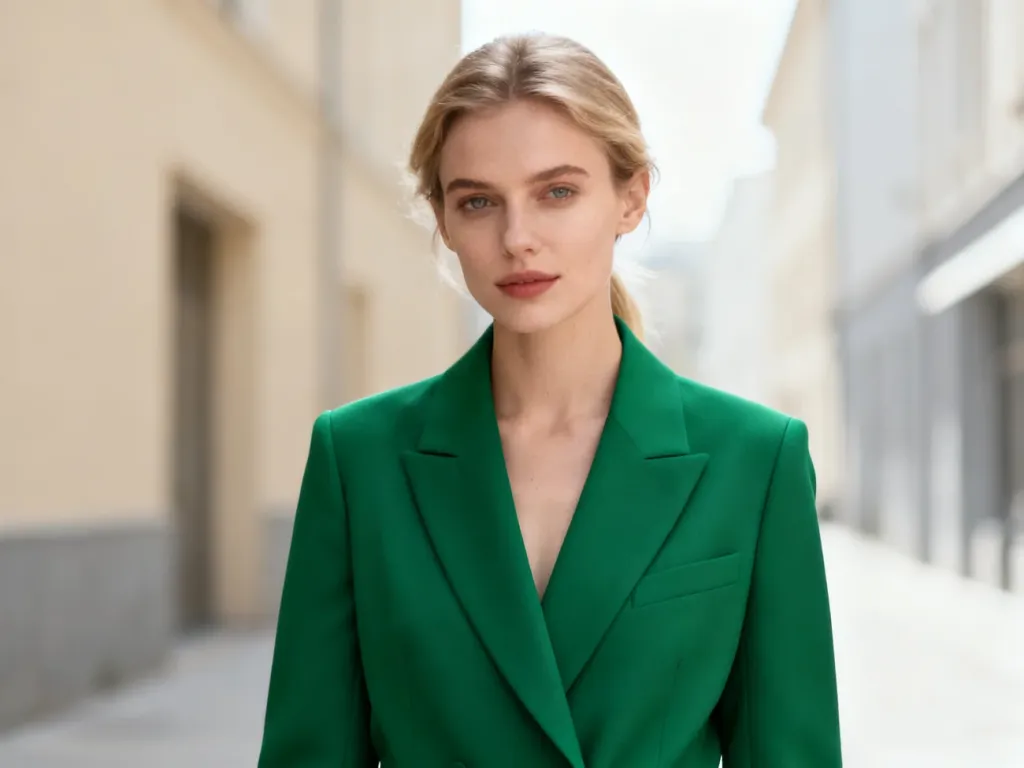 Elegancka kobieta w szmaragdowej marynarce na tle minimalistycznej miejskiej architektury.