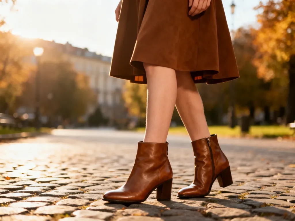 Elegancka kobieta w brązowej sukience i skórzanych botkach na tle jesiennego parku, prezentująca stylizację na spacer.