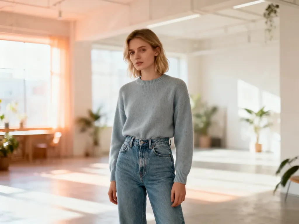 Stylowa kobieta w jeansach typu mom fit z wysokim stanem, prezentująca vintage krój w jasnym, nowoczesnym wnętrzu.