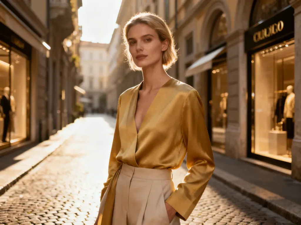 Elegancka kobieta w modnej stylizacji premium na tle stylowej mediolańskiej ulicy, podkreślająca luksusowy charakter marki.