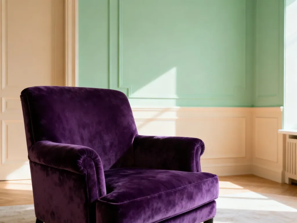 Elegancki fioletowy fotel welurowy w salonie z subtelnymi ścianami w odcieniach szałwii i beżu.