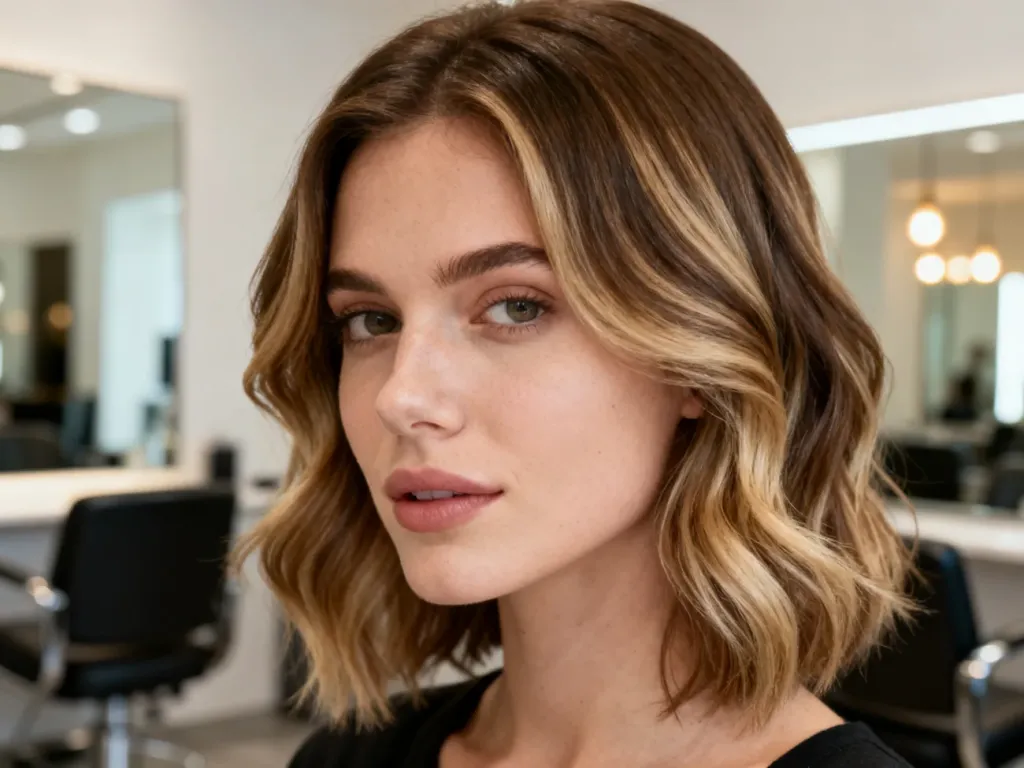 Kobieta w salonie fryzjerskim prezentuje modną fryzurę z miękkimi falami i subtelnym balayage w brązowo-blond tonach, no text on the picture